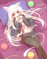Rule 34 | 1girl, animal ears, bed sheet, black pantyhose, blue jacket, blue skirt, cat ears, cat girl, cat tail, hair between eyes, highres, jacket, long hair, lying, navel, necktie, non (wednesday-classic), original, own hands clasped, own hands together, pantyhose, pillow, pleated skirt, pocket, red eyes, red neckwear, shirt, skirt, solo, tail, thighs, undone necktie, uniform, very long hair, white hair, white shirt, yarn, yarn ball