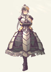 Rule 34 | 1girl, absurdres, armor, armored boots, armored dress, black eyes, black hair, boots, bow, breastplate, breasts, crossed arms, dress, embarrassed, faulds, gauntlets, gloves, highres, long hair, luviantree, maid, maid headdress, narberal gamma, overlord (maruyama), pauldrons, ponytail, self hug, shoulder armor, skirt, solo