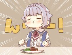 Rule 34 | 1girl, blush, brown background, center frills, closed eyes, closed mouth, collared shirt, commentary request, eating, emphasis lines, facing viewer, food, fork, frilled sleeves, frills, grey hair, hair flaps, hair intakes, holding, holding fork, holding knife, idolmaster, idolmaster cinderella girls, idolmaster cinderella girls starlight stage, knife, koshimizu sachiko, long sleeves, plate, puffy long sleeves, puffy sleeves, shirt, simple background, solo, suspenders, translation request, upper body, white shirt, yukie (kusaka shi)
