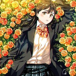 Rule 34 | 1girl, 4b-enpitsu, arm up, black hair, black jacket, bow, brown eyes, brown hair, collared shirt, field, flower, flower field, hair spread out, head tilt, jacket, long sleeves, looking at viewer, lying, marigold, medium hair, on back, open clothes, open jacket, original, outdoors, parted lips, plaid, plaid skirt, pleated skirt, school uniform, shirt, skirt, solo, upper body, white shirt