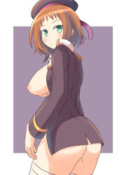 Rule 34 | 10s, 1girl, ass, beret, bottomless, breasts, breasts out, female focus, from behind, green eyes, hat, highres, kira tsubasa, large breasts, looking back, love live!, love live! school idol project, naruse mai, nipples, no bra, open clothes, open shirt, orange hair, shirt, short hair, simple background, solo, standing, thighhighs