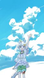 Rule 34 | 1girl, animal ears, arm up, blue eyes, blush, choker, cloud, day, feet out of frame, green shorts, hair ornament, hairclip, highres, horse ears, horse girl, horse tail, looking at viewer, open mouth, outdoors, outstretched arm, seiun sky (umamusume), shirt, short hair, shorts, smile, solo, standing, tail, thigh strap, totomono, umamusume, waving, white shirt