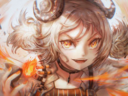 Rule 34 | 1girl, arknights, artist name, blonde hair, choker, eyelashes, fangs, feathers, fire, fire, grin, horns, ifrit (arknights), jacket, nail polish, orange eyes, smile, solo focus, strap, strapless, tube top, twintails, v-shaped eyebrows, vial, white jacket, wind, xilveroxas