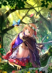 Rule 34 | 1girl, animal, arisa (shadowverse), arrow (projectile), bird, black footwear, black theme, black thighhighs, blonde hair, blue shirt, blush, boots, bow (weapon), closed mouth, commentary request, dappled sunlight, day, elbow gloves, fairy, fairy wings, flower, flower wreath, forest, gloves, green eyes, green shirt, hair ribbon, head tilt, head wreath, highres, holding, holding flower, house, hugging own legs, in tree, light brown hair, long hair, looking to the side, nature, outdoors, petals, pink flower, pleated skirt, pointy ears, puffy short sleeves, puffy sleeves, purple flower, quiver, red flower, red ribbon, ribbon, shadowverse, shirt, short sleeves, sitting, skirt, sleeveless, sleeveless shirt, smile, solo, sunlight, swordsouls, thigh boots, thighhighs, tree, very long hair, weapon, white flower, white skirt, wings