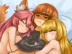 Rule 34 | 3girls, absurdres, ahoge, animal ear fluff, animal ears, bed, blonde hair, blush stickers, breast press, breasts, brown eyes, brown hair, commentary, cuddling, english commentary, fate/extra, fate/grand order, fate (series), fox ears, fox girl, fox tail, hair intakes, hand under clothes, hand under shirt, highres, kishinami hakuno (female), large breasts, long hair, multiple girls, nero claudius (fate), nero claudius (fate) (all), nero claudius (fate/extra), nude, oekaki, pillow, pink hair, shirt, steamingtofu, t-shirt, tail, tamamo (fate), tamamo no mae (fate/extra), yuri