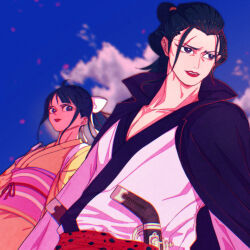 Rule 34 | 2boys, black cape, black hair, blue hair, blunt bangs, brothers, cape, closed mouth, cloud, cloudy sky, commentary, dual wielding, english commentary, gun, hair ornament, hair ribbon, highres, holding, izou (one piece), japanese clothes, kikunojo (one piece), kimono, long hair, male focus, multiple boys, mygiorni, one piece, outdoors, pink kimono, ponytail, ribbon, sash, scar, scar across eye, scar on face, siblings, sky, teeth, traditional clothes, trap, weapon, yellow kimono