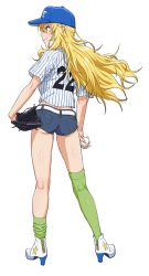 Rule 34 | 1girl, arm at side, ass, ball, baseball, baseball cap, baseball glove, baseball uniform, belt, blonde hair, blue hat, boots, commentary request, contrapposto, denim, denim shorts, from behind, green eyes, green thighhighs, hand on own hip, hat, high heel boots, high heels, highres, holding, holding ball, hoshii miki, idolmaster, idolmaster (classic), kneepits, long hair, looking away, looking to the side, loose thighhigh, micro shorts, nigou, shirt, short sleeves, shorts, simple background, skindentation, solo, sportswear, standing, star (symbol), striped clothes, striped shirt, tareme, thighhighs, thighs, vertical-striped clothes, vertical-striped shirt, very long hair, white background, white footwear, zipper