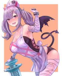 Rule 34 | 1girl, :d, ahoge, apron, arm up, armpits, bandaged arm, bandaged leg, bandaged neck, bandages, bare shoulders, black panties, breasts, cleavage, clothing cutout, corset, cross-laced clothes, cross-laced cutout, demon tail, demon wings, enumiyaa, fang, highres, horns, leaning forward, light purple hair, long hair, looking at viewer, medium breasts, mole, mole under eye, nijisanji, open mouth, panties, pink eyes, sidelocks, skull, smile, solo, standing, sukoya kana, syringe, tail, twintails, underwear, virtual youtuber, white headwear, wings