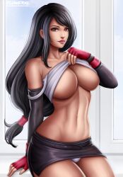 Rule 34 | 1girl, abs, bad tag, belt, belt skirt, black hair, black skirt, breasts, cleavage, clothes lift, female focus, final fantasy, final fantasy vii, flowerxl, from side, gloves, large breasts, long hair, looking at viewer, panties, shirt lift, sitting, skirt, tifa lockhart, underwear, upskirt, video game character, window