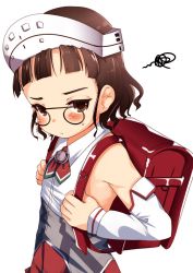 Rule 34 | 1girl, aged down, backpack, bag, blush, brown eyes, brown hair, child, closed mouth, detached sleeves, dress, eyewear strap, glasses, headdress, highres, kantai collection, nassukun, pince-nez, randoseru, roma (kancolle), short hair, simple background, solo, squiggle, sweat, white background