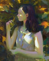 Rule 34 | 1girl, bare arms, bare shoulders, black hair, closed eyes, closed mouth, dappled sunlight, dress, expressionless, faux traditional media, from side, hand up, highres, leaf, long hair, original, outdoors, painterly, plant, profile, sketch, sleeveless, sleeveless dress, solo, sunlight, upper body, white dress, yuming li