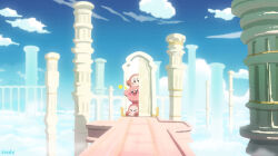 Rule 34 | :d, artist name, blue eyes, blue sky, blush, blush stickers, brown eyes, closed eyes, cloud, colonnade, column, commentary, day, door, genshin impact, kirby, kirby (series), looking at viewer, nintendo, nody (nody lowmoo), open mouth, outdoors, pillar, sky, smile, star (symbol), waddle dee, waving