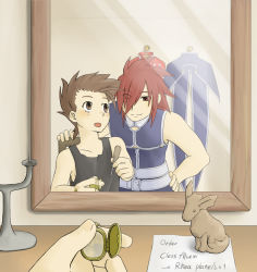 Rule 34 | 00s, 2boys, age difference, belt, brown eyes, brown hair, chair, doll, father and son, hand on own hip, hip focus, jewelry, kratos aurion, lloyd irving, locket, mirror, multiple boys, noishe, open mouth, pendant, photo (object), red eyes, red hair, screwdriver, short hair, smile, tales of (series), tales of symphonia
