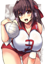 Rule 34 | 10s, 1girl, ball, breasts, brown eyes, brown hair, cleavage, cowboy shot, elbow pads, girls und panzer, headband, holding, holding ball, kondou taeko, large breasts, leaning forward, looking at viewer, open mouth, red headband, red shirt, red shorts, shinshin, shirt, short hair, short shorts, shorts, sketch, sleeveless, sleeveless shirt, smile, solo, sportswear, standing, sweat, twitter username, volleyball (object), volleyball uniform