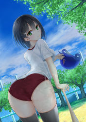 Rule 34 | 1girl, arched back, ass, bad id, bad pixiv id, baseball bat, baseball helmet, black hair, black thighhighs, blue sky, blush, breasts, buruma, closed mouth, cloud, cloudy sky, day, dutch angle, flower, green eyes, hair between eyes, hair flower, hair ornament, hairclip, helmet, highres, leaning on object, light smile, looking at viewer, looking back, medium breasts, moe2017, original, outdoors, shirt, shiu (kuronaito), short sleeves, sky, smile, solo, thighhighs, thighs, tree, white flower, white shirt