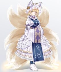 Rule 34 | 1girl, animal ears, blonde hair, closed mouth, dress, fox ears, fox tail, full body, hands in opposite sleeves, hat, highres, mob cap, multiple tails, sarasadou dan, short hair, sleeves past fingers, sleeves past wrists, solo, tabard, tail, touhou, white dress, white hat, wide sleeves, yakumo ran, yellow eyes