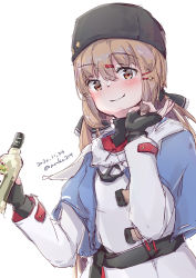 Rule 34 | 1girl, alcohol, anchor necklace, aruka, black bow, black gloves, black hat, blue shawl, bottle, bow, brown eyes, brown hair, commentary request, dated, fingerless gloves, fur hat, gloves, hair bow, hat, highres, jacket, jewelry, kantai collection, long hair, low twintails, necklace, papakha, ribbon trim, scarf, shawl, simple background, solo, star (symbol), tashkent (kancolle), torn clothes, torn scarf, twintails, twitter username, upper body, vodka, white background, white jacket, white scarf