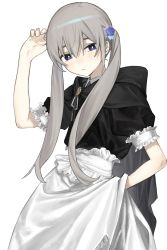Rule 34 | 1girl, apron, black cape, black dress, blue eyes, blush, borrowed character, cape, collared dress, dress, female focus, frilled sash, frilled sleeves, frills, frown, grey hair, hand in pocket, hand on own head, highres, long hair, maid, maid apron, original, sash, short sleeves, simple background, solo, twintails, white background, xxxsoiu1