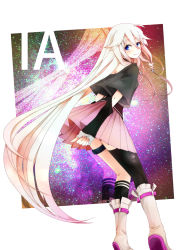 Rule 34 | 1girl, ahoge, annin musou, asymmetrical legwear, bad id, bad pixiv id, blue eyes, braid, character name, covering ass, covering privates, highres, ia (vocaloid), long hair, looking at viewer, looking back, mismatched legwear, pink hair, pleated skirt, single sock, single thighhigh, skirt, smile, socks, solo, thigh strap, thighhighs, twin braids, uneven legwear, very long hair, vocaloid