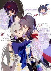 Rule 34 | 3girls, ?, anger vein, angry, arm scarf, arrow (symbol), blue hair, blush, bronya rand, closed eyes, commentary, company connection, crossed bangs, earrings, english commentary, english text, grey hair, hair between eyes, hand on another&#039;s shoulder, heart, highres, honkai: star rail, honkai (series), honkai impact 3rd, jewelry, multiple girls, no nose, no pupils, open mouth, seele (honkai: star rail), seele vollerei, sketch, teeth, triangle mouth, upper teeth only, v, white background, yukinika, yuri