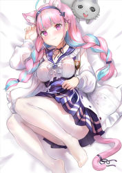 Rule 34 | 1girl, :3, ahoge, animal ear fluff, animal ears, arm up, bed sheet, black ribbon, blue hair, blue nails, blue sailor collar, blue skirt, blush, braid, breasts, cat ears, cat girl, cat tail, closed mouth, commentary request, frilled sailor collar, frills, hairband, himonoata, hololive, jacket, long hair, long sleeves, looking at viewer, medium breasts, minato aqua, minato aqua (sailor), multicolored hair, nail polish, no shoes, open clothes, open jacket, pantyhose, pink hair, pleated skirt, puffy long sleeves, puffy sleeves, purple hairband, ribbon, sailor collar, shirt, skirt, smile, solo, tail, tail ornament, tail ribbon, thighband pantyhose, twin braids, twintails, two-tone hair, very long hair, virtual youtuber, white jacket, white pantyhose, white shirt