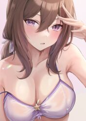 Rule 34 | 1girl, admire vega (umamusume), blush, breasts, brown hair, cleavage, collarbone, commentary, commentary request, hair between eyes, highres, horse girl, long hair, looking at viewer, medium breasts, open mouth, ponytail, portrait, purple eyes, solo, umamusume, white background, yonemochi yume