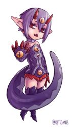 Rule 34 | 1girl, arm up, bare shoulders, boots, choker, colored sclera, commentary, desco (disgaea), detached sleeves, disgaea, dress, english commentary, english text, extra eyes, gloves, hair between eyes, head tilt, horns, jingle bell earrings, looking at viewer, monster girl, open mouth, pointy ears, purple choker, purple dress, purple footwear, purple hair, purple sleeves, red eyes, rettomus, sharp teeth, short hair, simple background, slit pupils, tail, teeth, thigh boots, twitter username, upper teeth only, white background, yellow sclera