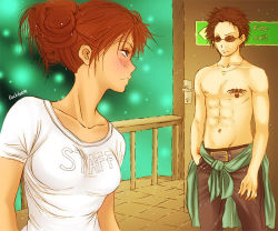 Rule 34 | 1boy, 1girl, abs, aburame shino, alternate hairstyle, belt, blush, breasts, brown hair, clothes writing, english text, hair bun, jewelry, looking at another, medium breasts, naruto, naruto (series), navel, necklace, pants, pendant, rocktuete, shirt, sign, single hair bun, source request, standing, sunglasses, t-shirt, tattoo, tenten (naruto), text focus, topless male, white shirt