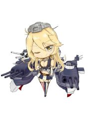 Rule 34 | 10s, 1girl, ;), blonde hair, breasts, chibi, cleavage, dress, hair between eyes, headgear, highres, iowa (kancolle), kantai collection, large breasts, long hair, navel, one eye closed, open mouth, sanan, simple background, smile, solo, star-shaped pupils, star (symbol), symbol-shaped pupils, thighhighs, uss iowa (bb-61)