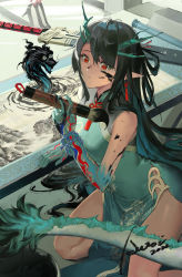 Rule 34 | 1girl, arknights, aweii, bead bracelet, beads, black hair, blue dress, blue hair, blue skin, bracelet, breasts, calligraphy brush, chinese clothes, chinese commentary, closed mouth, colored skin, commentary request, dated, dragon, dragon girl, dragon horns, dragon tail, dress, dusk (arknights), dusk (everything is a miracle) (arknights), earrings, eyebrows hidden by hair, facepaint, gradient hair, gradient skin, highres, holding, holding brush, horns, ink, jewelry, long hair, medium breasts, multicolored hair, official alternate costume, paintbrush, pelvic curtain, pointy ears, red eyes, scroll, sheath, sheathed, signature, sitting, sleeveless, sleeveless dress, solo, sword, tail, tassel, tassel earrings, very long hair, weapon