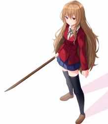 Rule 34 | 1girl, absurdres, aisaka taiga, black ribbon, black thighhighs, blue skirt, blush, breasts, brown eyes, brown footwear, brown hair, closed mouth, collared shirt, commentary request, from above, full body, hair between eyes, highres, holding, holding sword, holding weapon, jacket, kano (wi3028), light brown hair, long hair, long sleeves, looking at viewer, miniskirt, neck ribbon, oohashi high school uniform, pleated skirt, red jacket, ribbon, school uniform, shirt, shoes, sidelocks, simple background, skirt, solo, standing, sword, thighhighs, toradora!, very long hair, weapon, white background, white shirt, wing collar, wooden sword