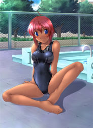 Rule 34 | 1girl, barefoot, blue eyes, chain-link fence, competition swimsuit, dark skin, dark-skinned female, feet, fence, goggles, ishii akira, one-piece swimsuit, pool, red hair, sitting, solo, swimsuit, tree, water, wet