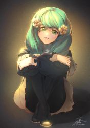 Rule 34 | 1girl, crossed arms, fadingzz, fire emblem, fire emblem: three houses, flayn (fire emblem), garreg mach monastery uniform, green eyes, green hair, hair ornament, highres, knees up, long hair, long sleeves, nintendo, parted lips, signature, sitting, solo, uniform