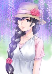 Rule 34 | 1girl, absurdres, alternate hairstyle, black eyes, black hair, blurry, blurry background, braid, brown hat, casual, closed mouth, commentary, depth of field, dress, flower, girls und panzer, hair flower, hair ornament, hair over one eye, hat, hat flower, highres, isuzu hana, jewelry, kuppipi ramutarou, lips, long hair, looking at viewer, necklace, petals, pink shirt, plant, red flower, red rose, rose, shirt, short sleeves, single braid, solo, standing, upper body, white dress