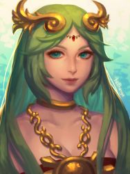 Rule 34 | 1girl, artist name, bellhenge, female focus, green eyes, green hair, hair ornament, highres, jewelry, kid icarus, kid icarus uprising, long hair, looking at viewer, matching hair/eyes, md5 mismatch, nintendo, palutena, resized, resolution mismatch, smile, solo, source smaller, upscaled