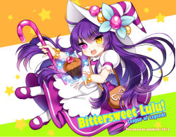 Rule 34 | 10s, 1girl, 2014, artist name, bag, bittersweet lulu, cake, character name, cherry, fang, food, fruit, hat, heterochromia, league of legends, long hair, looking at viewer, lulu (league of legends), opalheart, open mouth, pink eyes, purple hair, solo, star (symbol), very long hair, witch hat, yellow eyes