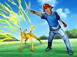 Rule 34 | 1boy, animal ears, artist request, ash ketchum, child, cosplay, creatures (company), electricity, field, fingerless gloves, game freak, gen 1 pokemon, gloves, hat, lightning, man face, nintendo, open mouth, parody, pikachu, pointing, poke ball, pokemon, pokemon (anime), realistic, tail, third-party edit, what