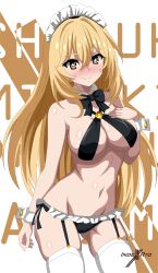 Rule 34 | 1girl, absurdres, alternate costume, arched back, artist logo, bikini, black garter straps, blonde hair, blush, breasts, brown eyes, character name, closed mouth, commentary, criss-cross halter, english commentary, garter straps, gluteal fold, hair between eyes, halterneck, hand on own chest, highres, indexxryo, large breasts, long hair, looking at viewer, maid, maid bikini, maid headdress, navel, paid reward available, shiny skin, shokuhou misaki, smile, sparkling eyes, swimsuit, thighhighs, toaru kagaku no mental out, toaru kagaku no railgun, toaru majutsu no index, unconventional maid, white thighhighs, white wrist cuffs, wrist cuffs