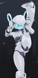Rule 34 | 1girl, alternate hairstyle, android, anus, aqua eyes, bad id, bad pixiv id, breasts, censored, clitoral hood, commentary request, drossel von flugel, fireball (series), glowing, glowing eyes, heart, heart censor, highres, humanoid robot, joints, leg lift, looking at viewer, nipples, no mouth, pochincoff, pussy, robot, robot joints, screw, small breasts, solo, split, standing, standing on one leg