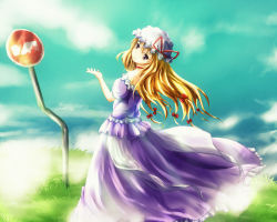 Rule 34 | 1girl, bad id, bad pixiv id, blonde hair, blue sky, bow, choker, dress, fog, grass, hair bow, hand up, hat, hat ribbon, leaning back, light smile, long hair, looking at viewer, looking back, mob cap, puffy short sleeves, puffy sleeves, purple eyes, ribbon, road sign, short sleeves, sign, sky, solo, sora (cmamlr), strapless, strapless dress, touhou, wind, yakumo yukari