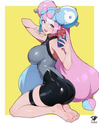 Rule 34 | 1girl, aqua hair, ass, asymmetrical bangs, bare shoulders, barefoot, blue nails, blunt ends, bodysuit, border, braid, breasts, character hair ornament, creatures (company), feet, game freak, gen 4 pokemon, hair ornament, holding, holding phone, iono (pokemon), kaos art, large breasts, legs, leotard, long hair, multicolored clothes, multicolored hair, nintendo, open mouth, outside border, phone, pokemon, pokemon sv, rotom, rotom phone, seiza, sharp teeth, shiny clothes, sitting, soles, solo, split-color hair, teeth, thigh strap, thighs, toes, two-tone hair, upper teeth only, very long hair, white border, yellow background