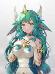 Rule 34 | 1girl, animal ears, bare shoulders, breasts, chibi vanille, choker, closed mouth, gloves, gradient background, green choker, green eyes, green hair, grey background, highres, horns, league of legends, long hair, looking at viewer, medium breasts, single horn, smile, solo, soraka (league of legends), star guardian (league of legends), star guardian soraka, white gloves