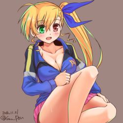 Rule 34 | 1girl, bad id, bad twitter id, blue jacket, blue ribbon, blush, breasts, cleavage, collarbone, commentary request, dated, derivative work, frown, green eyes, grey background, hair ribbon, heterochromia, jacket, large breasts, legs, long hair, long sleeves, lyrical nanoha, mahou shoujo lyrical nanoha vivid, miniskirt, open mouth, petag2, pink skirt, pleated skirt, red eyes, ribbon, side ponytail, simple background, sitting, skirt, solo, sweat, unzipped, vivid strike!, vivio