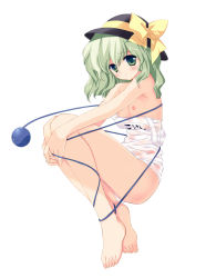 Rule 34 | 1girl, bare shoulders, barefoot, blush, bow, breasts, clothes pull, feet, female focus, green eyes, green hair, hat, hugging own legs, komeiji koishi, legs, matching hair/eyes, md5 mismatch, nipples, one-piece swimsuit, one-piece swimsuit pull, rei (artist), rei (rei&#039;s room), school swimsuit, see-through, short hair, small breasts, solo, swimsuit, touhou, white one-piece swimsuit, white school swimsuit