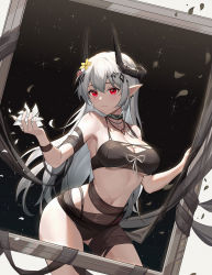Rule 34 | 1girl, absurdres, arknights, bare shoulders, bikini, black bikini, black choker, black nails, breasts, choker, cleavage, commentary request, cowboy shot, flower, groin, hair flower, hair ornament, highres, holding, horns, infection monitor (arknights), jewelry, large breasts, long hair, mudrock (arknights), mudrock (silent night) (arknights), nail polish, navel, necklace, official alternate costume, partial commentary, petals, pointy ears, red eyes, sanmu, silver hair, solo, standing, stomach, swimsuit, thighs, very long hair