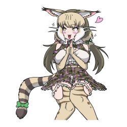 Rule 34 | 1girl, animal ears, bare shoulders, belt, camouflage, cat ears, cat girl, cat tail, elbow gloves, extra ears, fingerless gloves, gloves, grey hair, haro (halo kabe), heart, highres, jacket, jungle cat (kemono friends), kemono friends, kemono friends v project, long hair, microphone, ribbon, shirt, simple background, skirt, solo, tail, thighhighs, twintails, virtual youtuber, yellow eyes