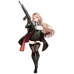 Rule 34 | 1girl, assault rifle, black footwear, black thighhighs, blue eyes, boots, breasts, brown hair, cleavage cutout, closed mouth, clothing cutout, corset, framed breasts, full body, girls&#039; frontline, gloves, gun, hairband, harness, head tilt, knee boots, large breasts, looking at viewer, necktie, official art, pencil skirt, reisun001, rifle, short necktie, skirt, smile, solo, standing, stg-940 (girls&#039; frontline), thighhighs, transparent background, trigger discipline, underbust, weapon, wieger stg-940, zettai ryouiki