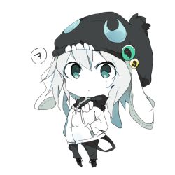 Rule 34 | 10s, 1girl, abyssal ship, adapted costume, badge, beanie, blue eyes, boots, button badge, byako (srktn), chibi, colored skin, commentary request, contemporary, hands in pockets, hat, hood, hoodie, kantai collection, looking at viewer, monochrome, shirokitsune (rin02ituki), solo, speech bubble, suspenders, wavy hair, white hair, white skin, wo-class aircraft carrier