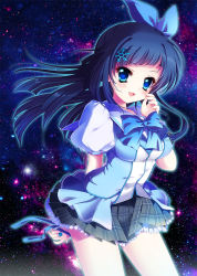 Rule 34 | 1girl, :d, arched back, arm behind back, asymmetrical bangs, blue bow, blue bowtie, blue eyes, blue hair, blush, bow, bowtie, breasts, cowboy shot, diffraction spikes, frilled skirt, frills, glowing, hair bow, hair ornament, half updo, hand up, ichi rin, jewelry, long hair, looking at viewer, matching hair/eyes, medium breasts, open mouth, original, plaid, plaid skirt, pleated skirt, puffy short sleeves, puffy sleeves, ring, short sleeves, skirt, smile, snowflake hair ornament, solo, star (sky), star (symbol), starry background, thighs
