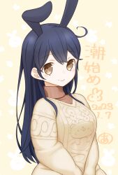 Rule 34 | ahoge, alternate costume, animal ears, black hair, brown eyes, brown sweater, commentary request, dated, fake animal ears, highres, kantai collection, kori inu (aminkurara), long hair, looking at viewer, rabbit ears, smile, sweater, translation request, ushio (kancolle), v arms
